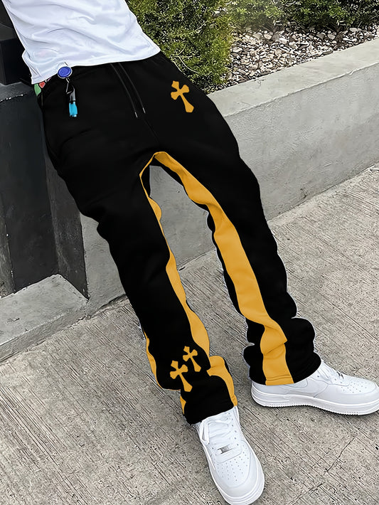 Pantalon évasé noir pour homme – Pantalon streetwear imprimé croix avec bande rouge