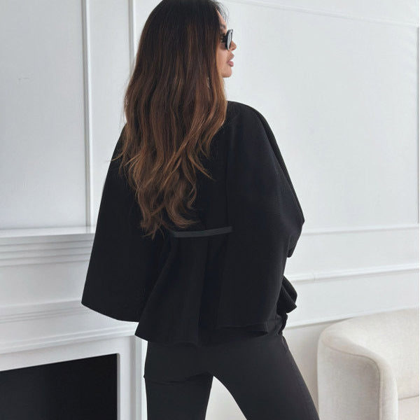 Loom & Soul Batwing Cloak Top – Stand Collar Woolen Belted Jacket for Women