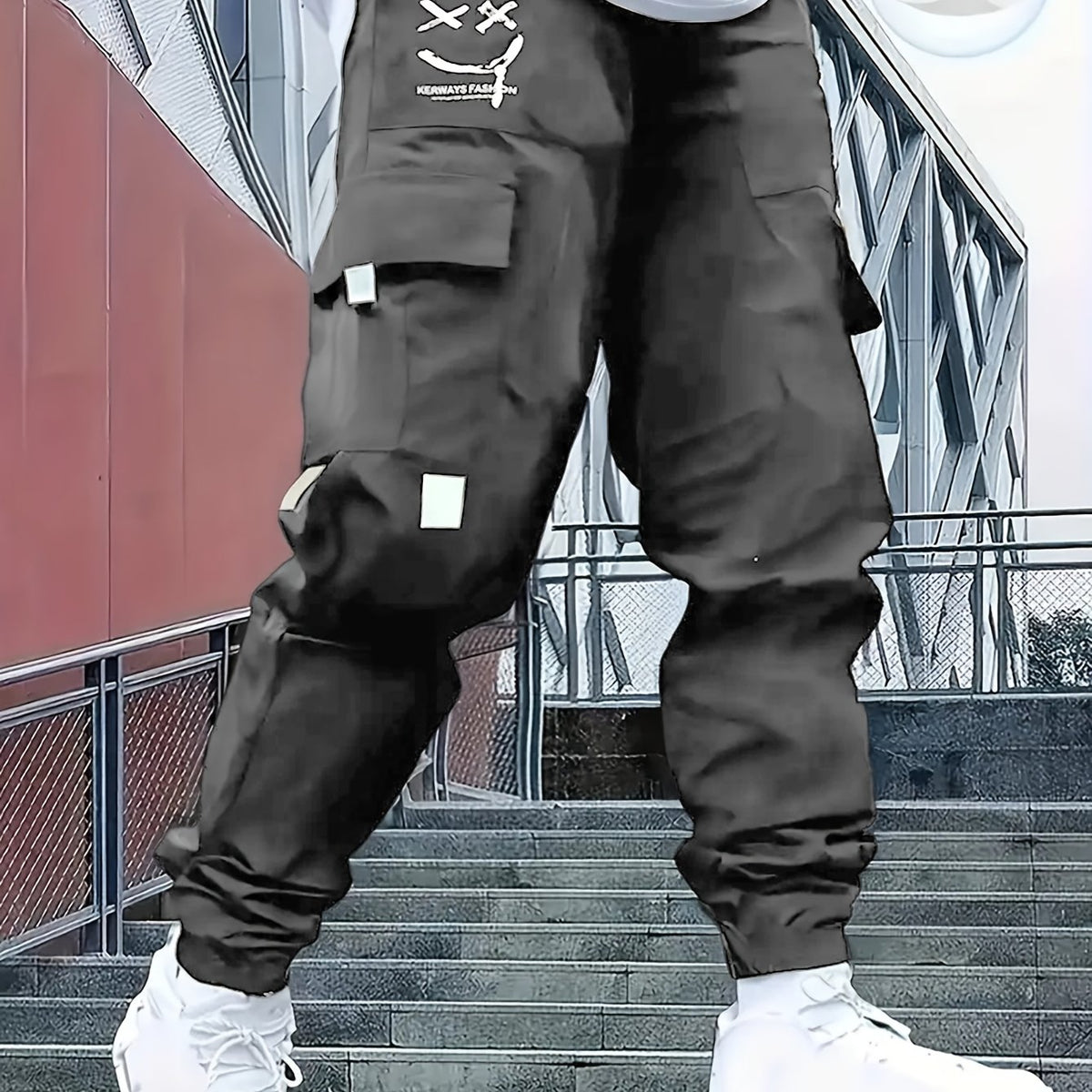 Men’s Joyful Face Work Overalls – Loose Multi-Pocket Cargo Pants