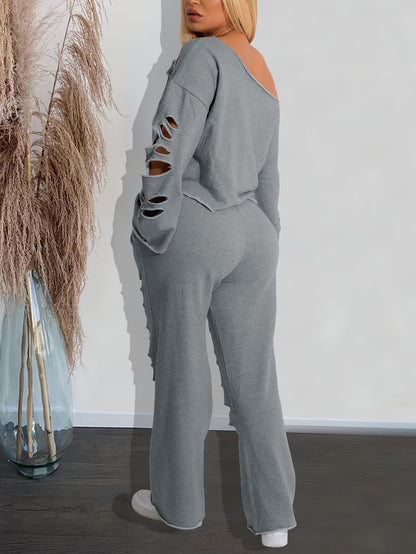 Conjunto de 2 piezas para mujer, hombros descubiertos, efecto envejecido – Top de manga larga y pantalón rasgado