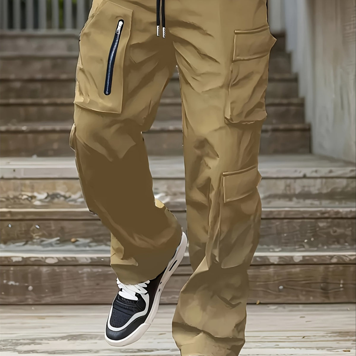 Pantalon cargo noir pour homme – Jogging d'extérieur coupe ample multi-zips pour le printemps/l'automne