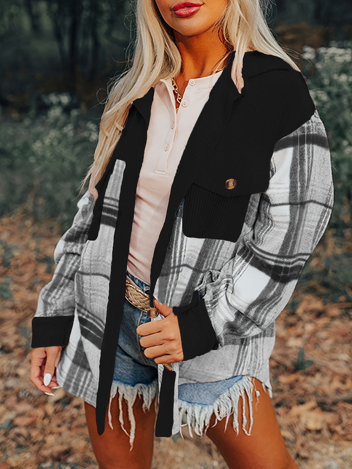 Shacket à carreaux pour femme – Col à revers, boutonnée, épaules tombantes, automne/printemps