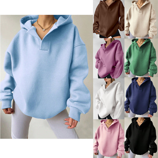 Women’s Solid Color Hoodie – Loose Fit Long Sleeve Pullover