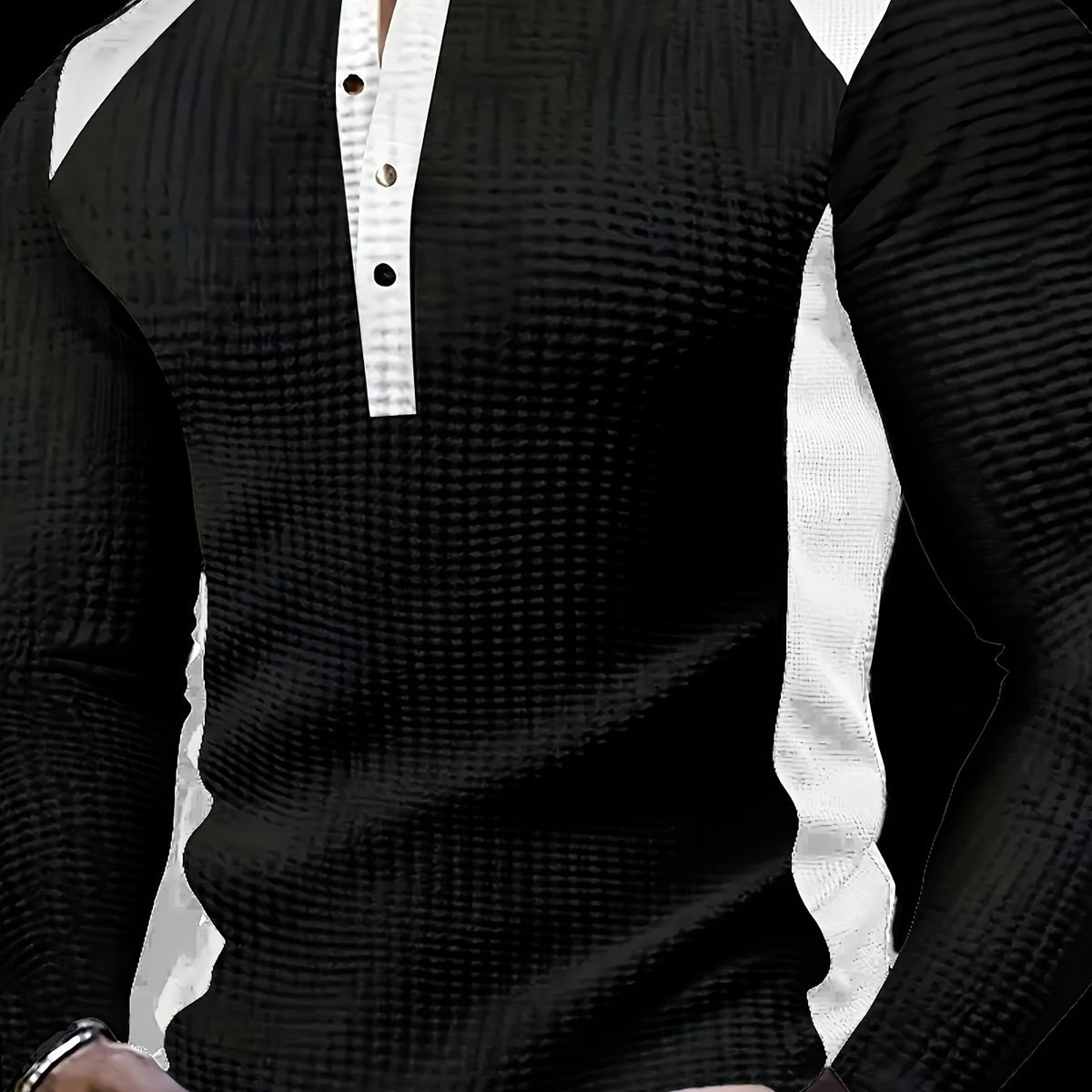Men’s Waffle Henley Shirt – White & Black All-Season Button Top