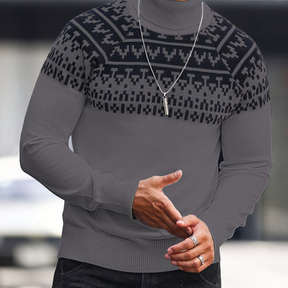 Men’s Geometric Turtleneck Sweater – Casual Knit Pullover for Fall & Winter