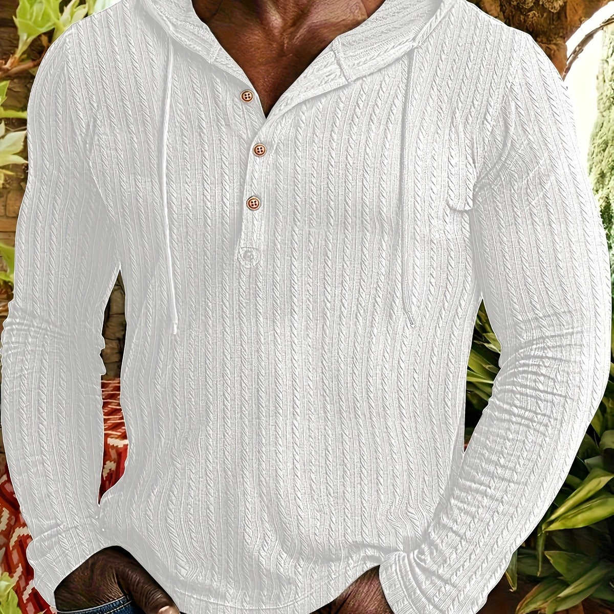 T-shirt Henley à capuche pour homme – Pull à capuche décontracté texturé à manches longues et cordon de serrage