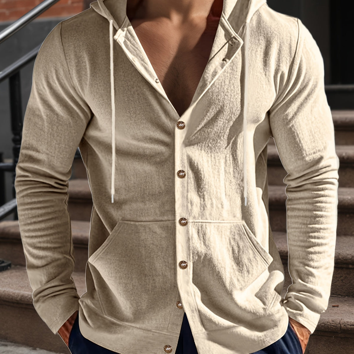 Camisa con capucha y manga larga de lino para hombre – Informal con botones y bolsillo
