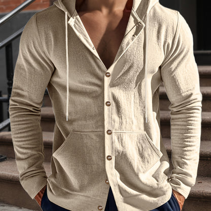 Camisa con capucha y manga larga de lino para hombre – Informal con botones y bolsillo