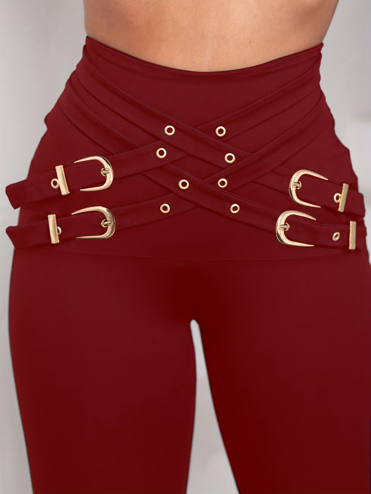 Pantalon taille haute femme à boucles croisées – Legging sculptant extensible