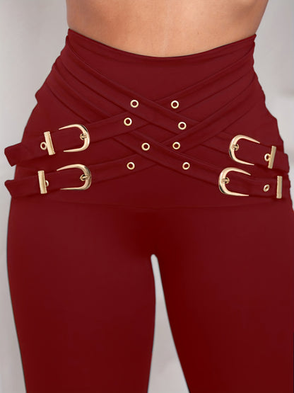Pantalon taille haute femme à boucles croisées – Legging sculptant extensible