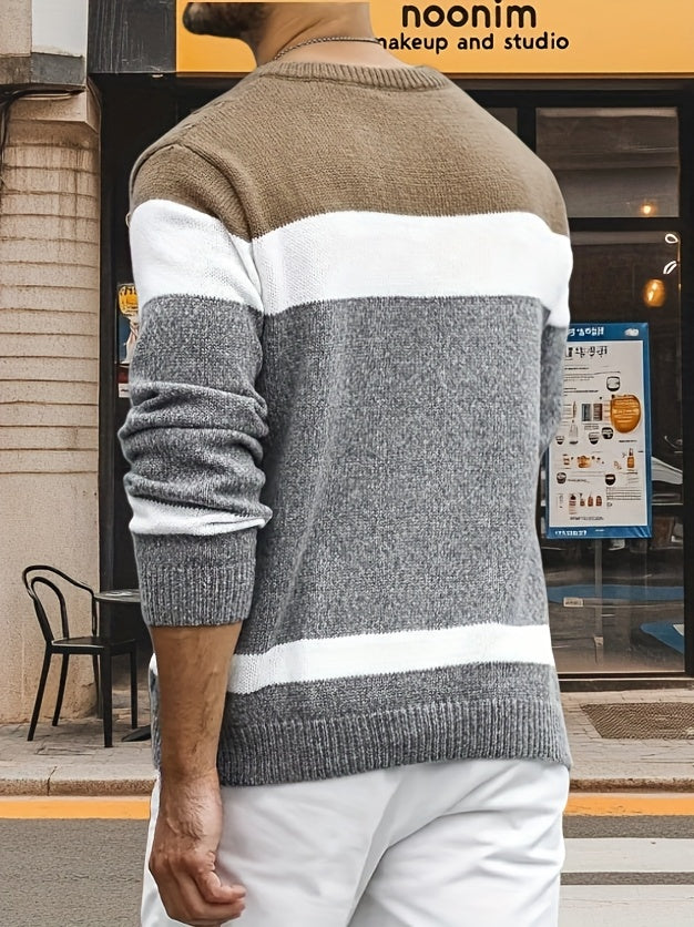 Men’s Color-Block Cable Knit Sweater – Soft Crew Neck Pullover