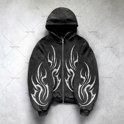 Gothic Punk Oversized Zip Hoodie – Y2K Harajuku Streetwear Sweatshirt for Men
