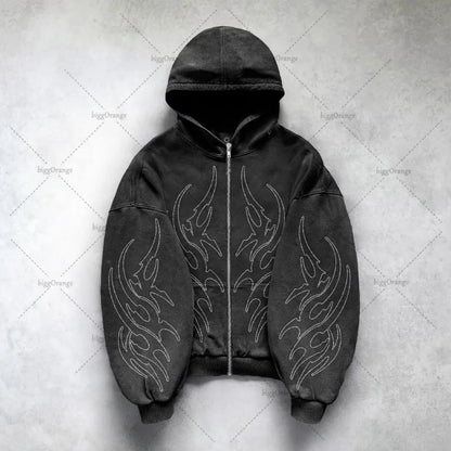 Gothic Punk Oversized Zip Hoodie – Y2K Harajuku Streetwear Sweatshirt for Men
