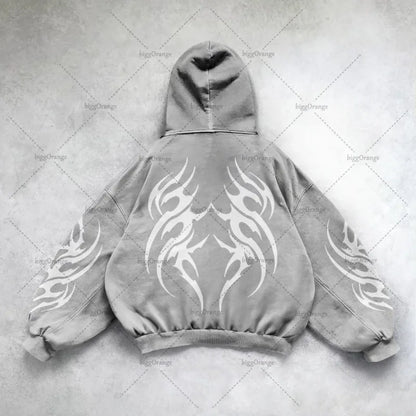 Gothic Punk Oversized Zip Hoodie – Y2K Harajuku Streetwear Sweatshirt for Men
