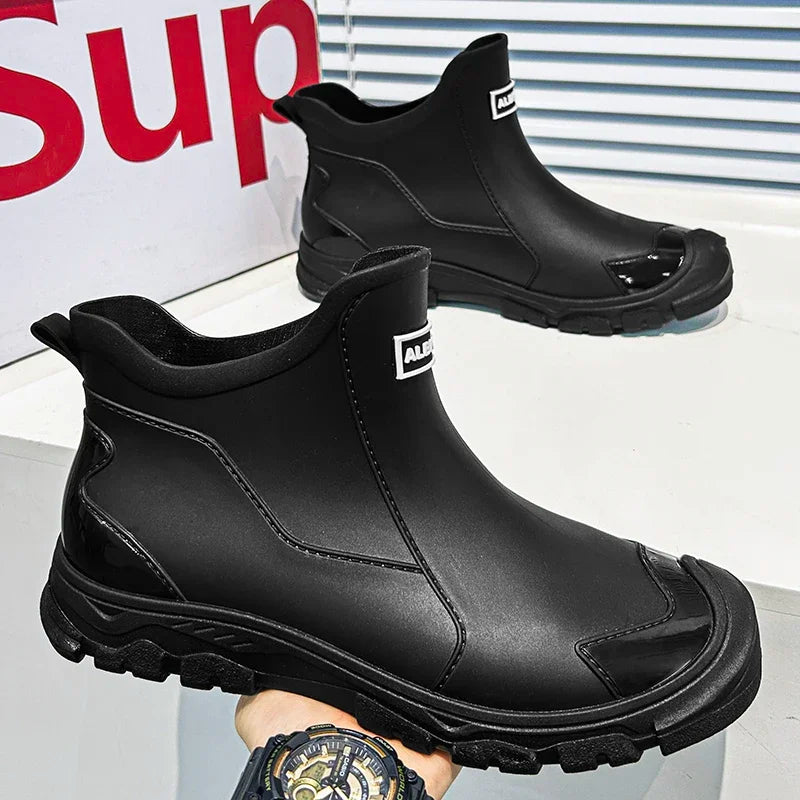 Men’s Waterproof PVC Rain Boots – Ankle Slip-On Anti-Slip Outdoor Work Shoes