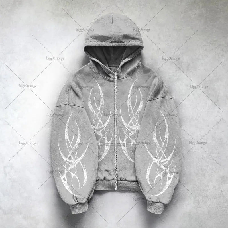 Gothic Punk Oversized Zip Hoodie – Y2K Harajuku Streetwear Sweatshirt for Men