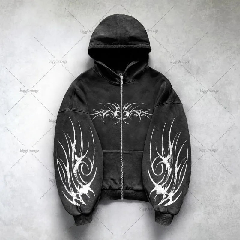 Gothic Punk Oversized Zip Hoodie – Y2K Harajuku Streetwear Sweatshirt for Men