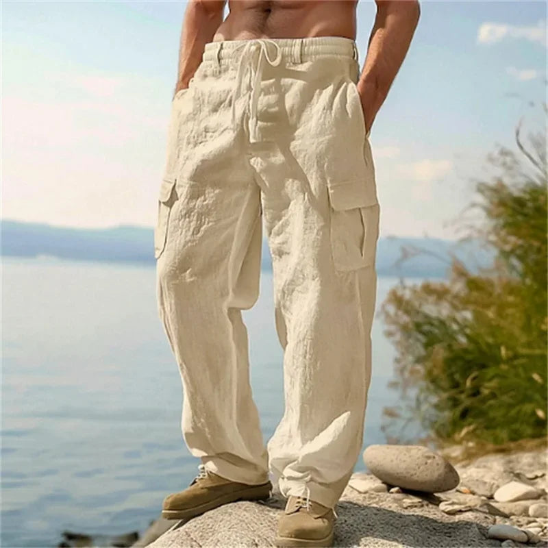 Pantalon cargo ample en coton et lin pour homme Loom & Soul – Pantalon de plage décontracté