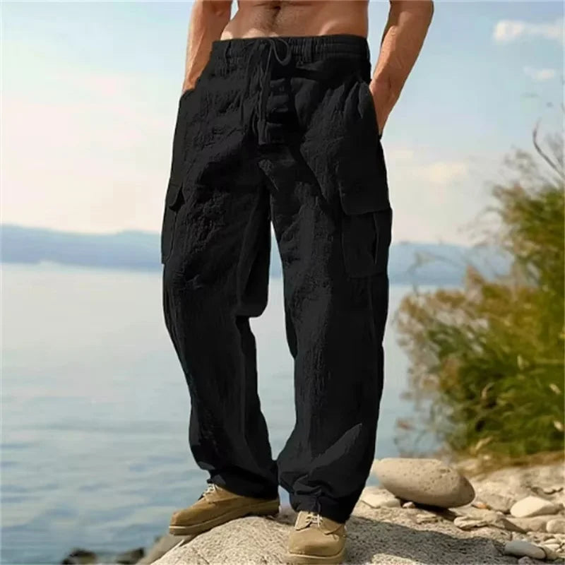 Pantalon cargo ample en coton et lin pour homme Loom & Soul – Pantalon de plage décontracté