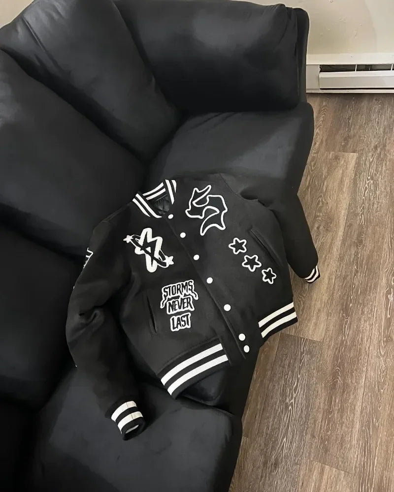 Loom & Soul Gothic Y2K Embroidered Jacket – Oversized Hip-Hop Motorcycle Coat