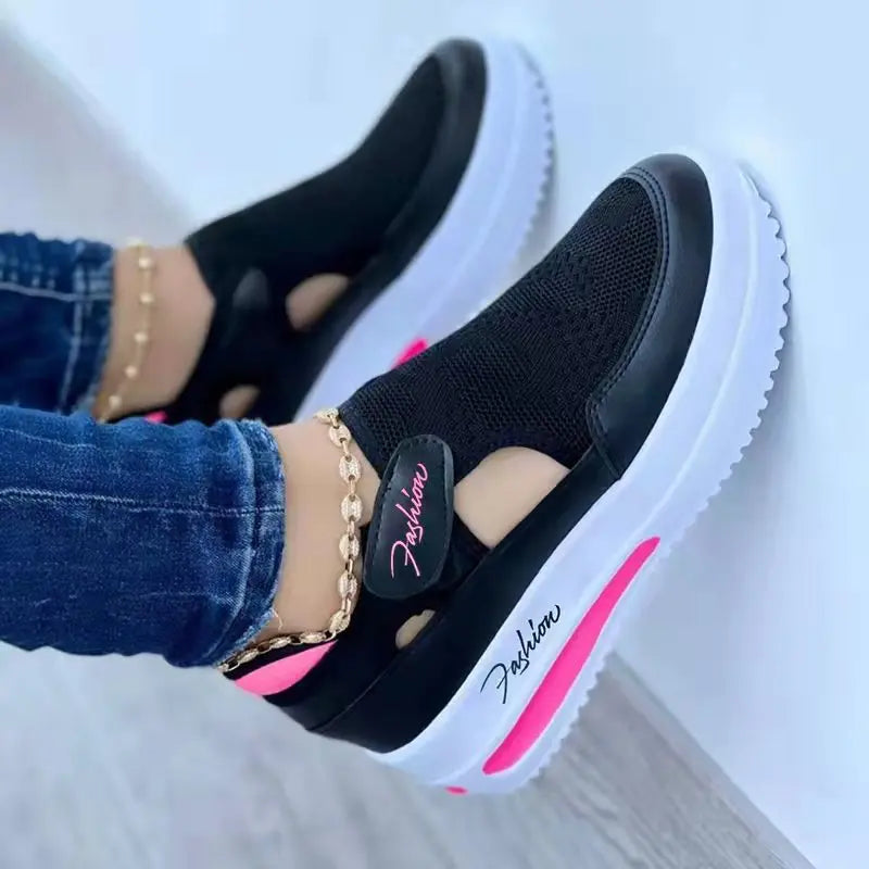 KTCZ™ Mesh Air Wedge Sneakers – Women’s Breathable Canvas Platform Shoes | Red & Blue Designer Tennis Shoes with Hook & Loop Closure