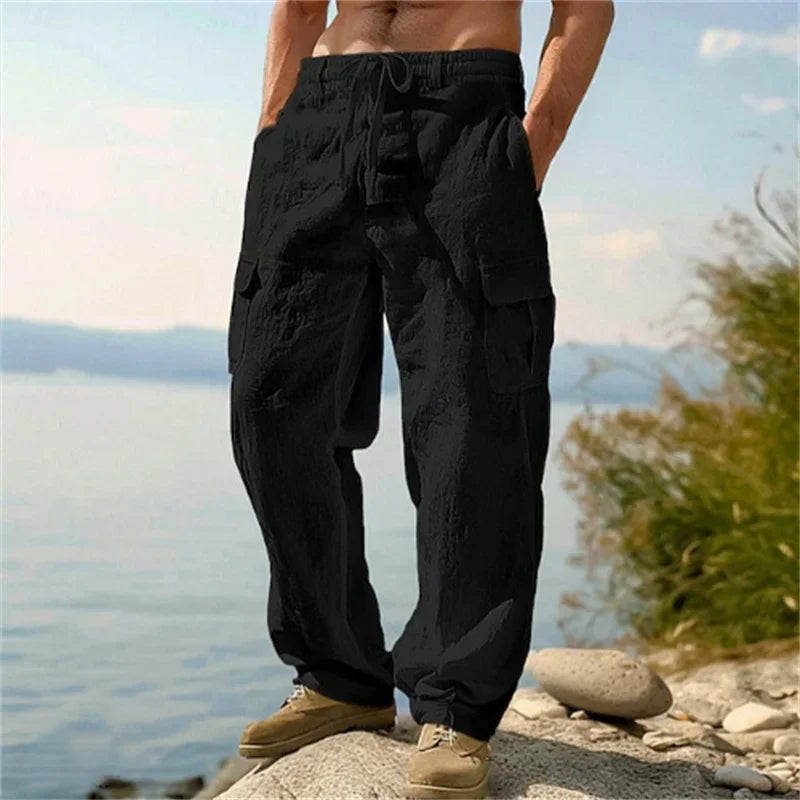 Pantalon cargo ample en coton et lin pour homme Loom & Soul – Pantalon de plage décontracté