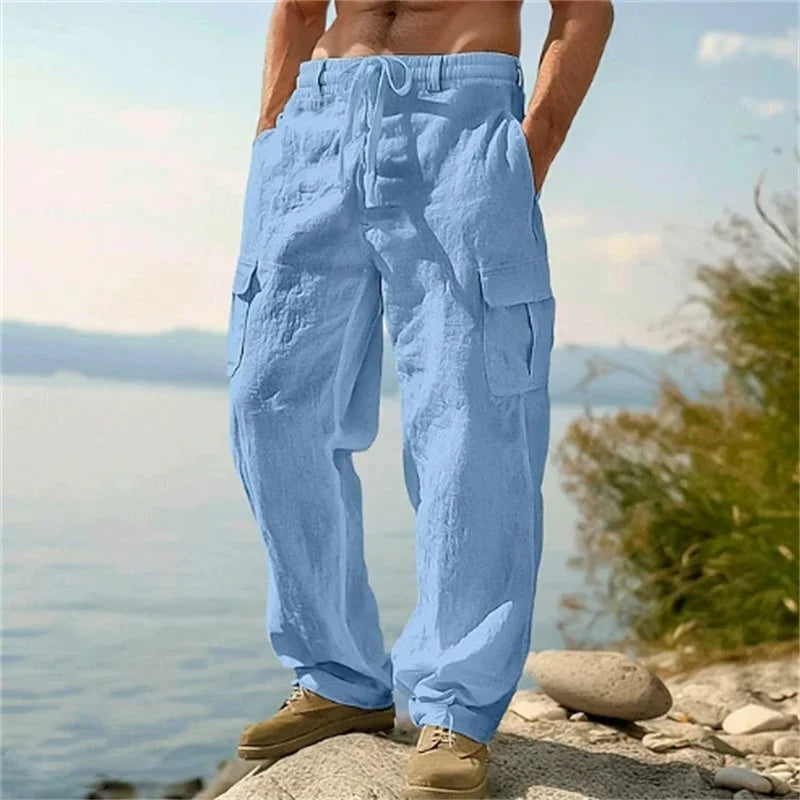 Pantalon cargo ample en coton et lin pour homme Loom & Soul – Pantalon de plage décontracté