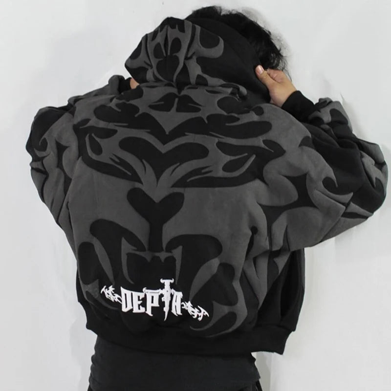 Sudadera con capucha Lipswag Geometric Zip – Sudadera casual con capucha urbana Y2K para hombre