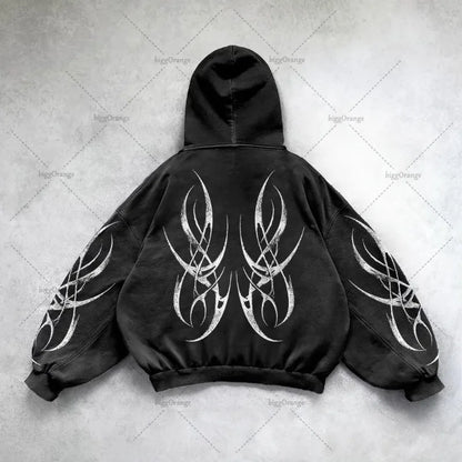 Gothic Punk Oversized Zip Hoodie – Y2K Harajuku Streetwear Sweatshirt for Men