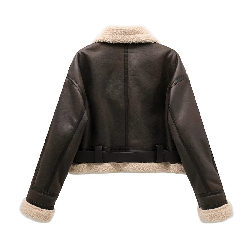 Loom & Soul Veste imitation peau lainée – Manteau d'hiver chaud ceinturé de style vintage pour femme