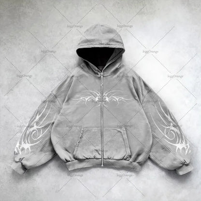 Gothic Punk Oversized Zip Hoodie – Y2K Harajuku Streetwear Sweatshirt for Men