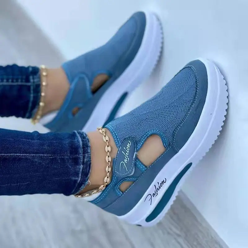 KTCZ™ Mesh Air Wedge Sneakers – Women’s Breathable Canvas Platform Shoes | Red & Blue Designer Tennis Shoes with Hook & Loop Closure