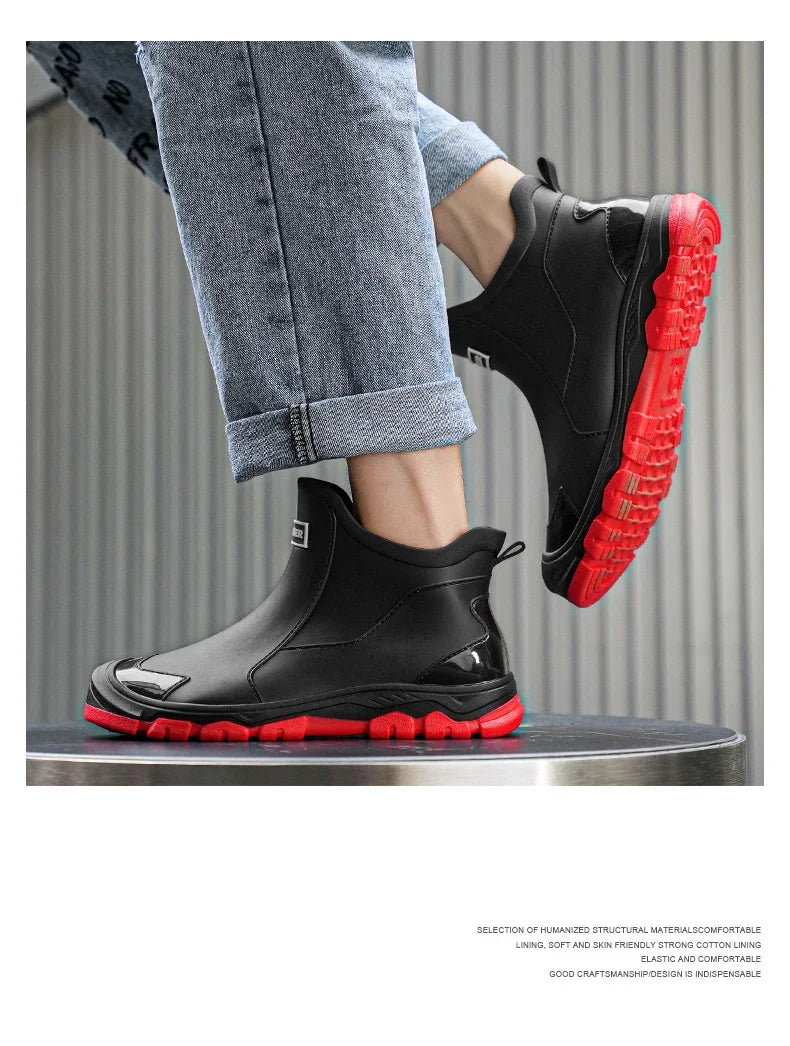 Men’s Waterproof PVC Rain Boots – Ankle Slip-On Anti-Slip Outdoor Work Shoes