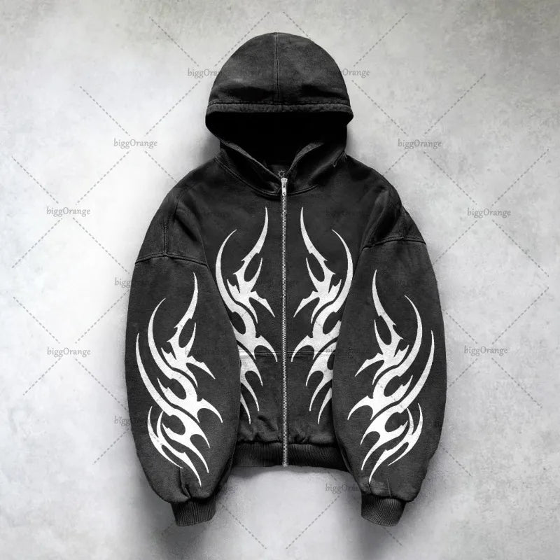 Gothic Punk Oversized Zip Hoodie – Y2K Harajuku Streetwear Sweatshirt for Men