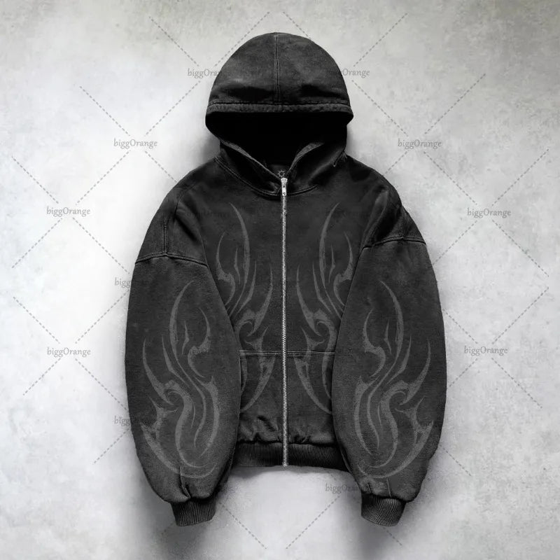Gothic Punk Oversized Zip Hoodie – Y2K Harajuku Streetwear Sweatshirt for Men