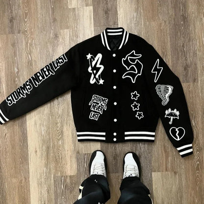 Loom & Soul Gothic Y2K Embroidered Jacket – Oversized Hip-Hop Motorcycle Coat