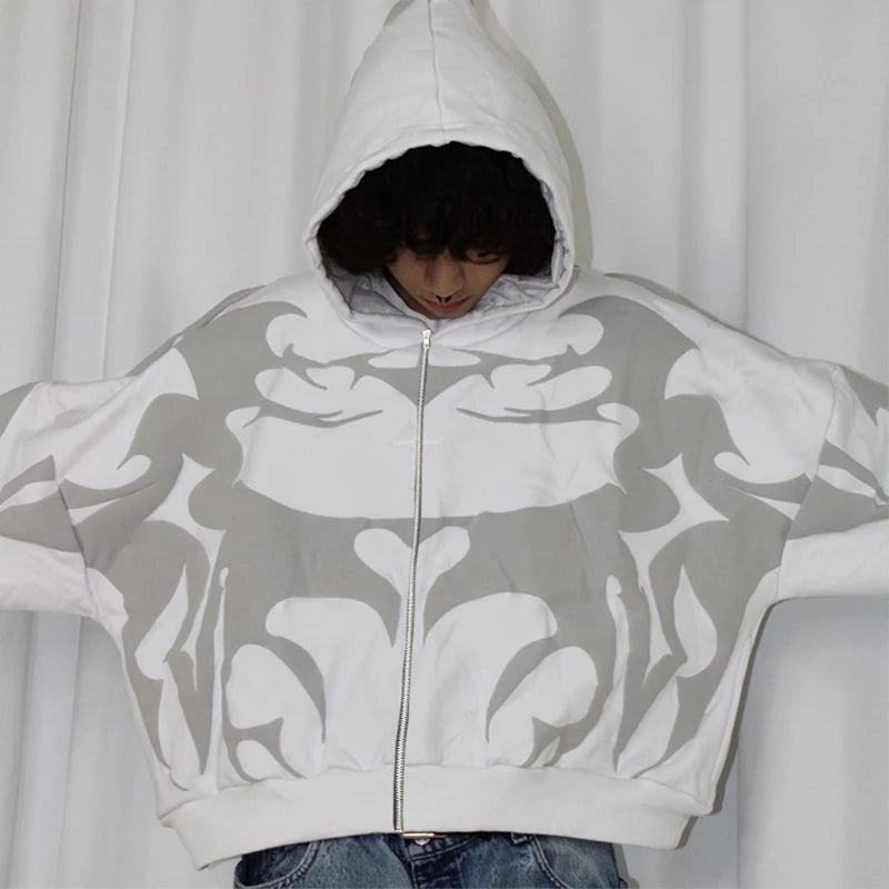 Sudadera con capucha Lipswag Geometric Zip – Sudadera casual con capucha urbana Y2K para hombre