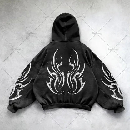 Gothic Punk Oversized Zip Hoodie – Y2K Harajuku Streetwear Sweatshirt for Men