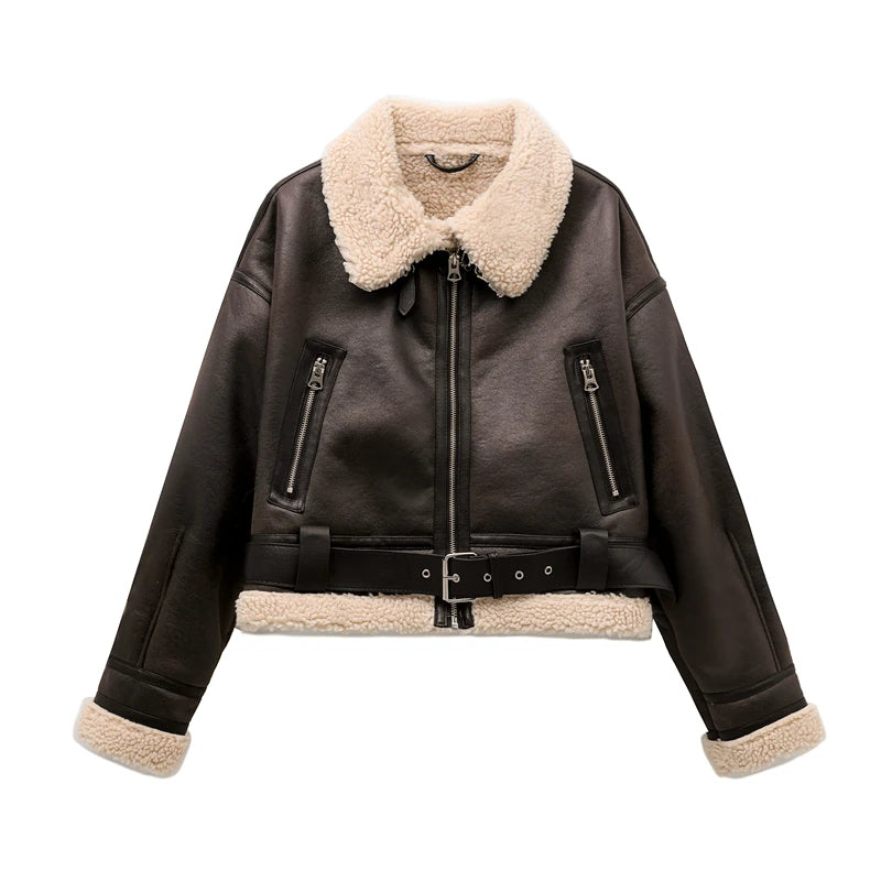 Loom & Soul Veste imitation peau lainée – Manteau d'hiver chaud ceinturé de style vintage pour femme