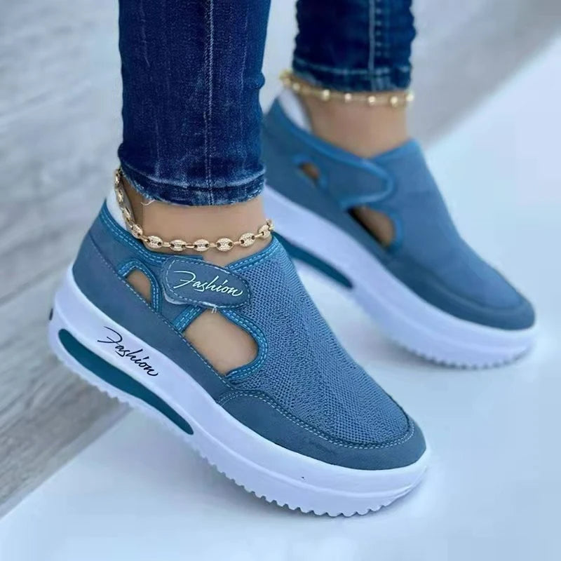 KTCZ™ Mesh Air Wedge Sneakers – Women’s Breathable Canvas Platform Shoes | Red & Blue Designer Tennis Shoes with Hook & Loop Closure