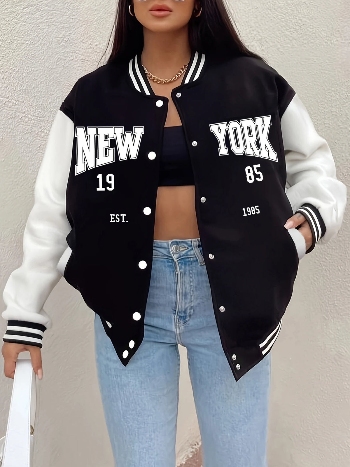 Loom & Soul « New York 1985 » Veste de baseball pour femme – Manteau streetwear hip-hop
