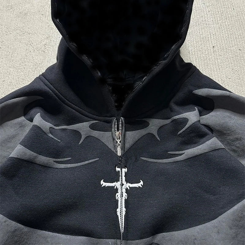 Sudadera con capucha Lipswag Geometric Zip – Sudadera casual con capucha urbana Y2K para hombre