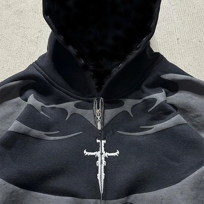 Sudadera con capucha Lipswag Geometric Zip – Sudadera casual con capucha urbana Y2K para hombre