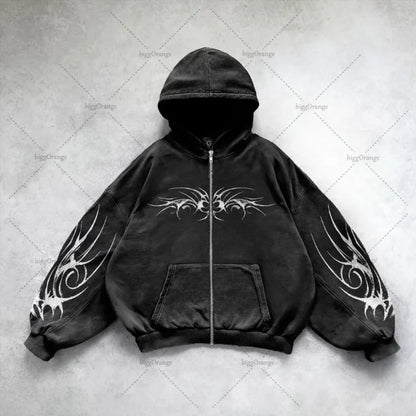 Gothic Punk Oversized Zip Hoodie – Y2K Harajuku Streetwear Sweatshirt for Men