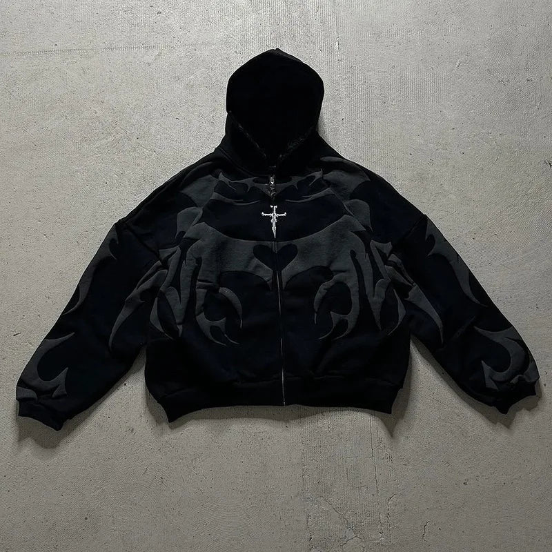 Sudadera con capucha Lipswag Geometric Zip – Sudadera casual con capucha urbana Y2K para hombre