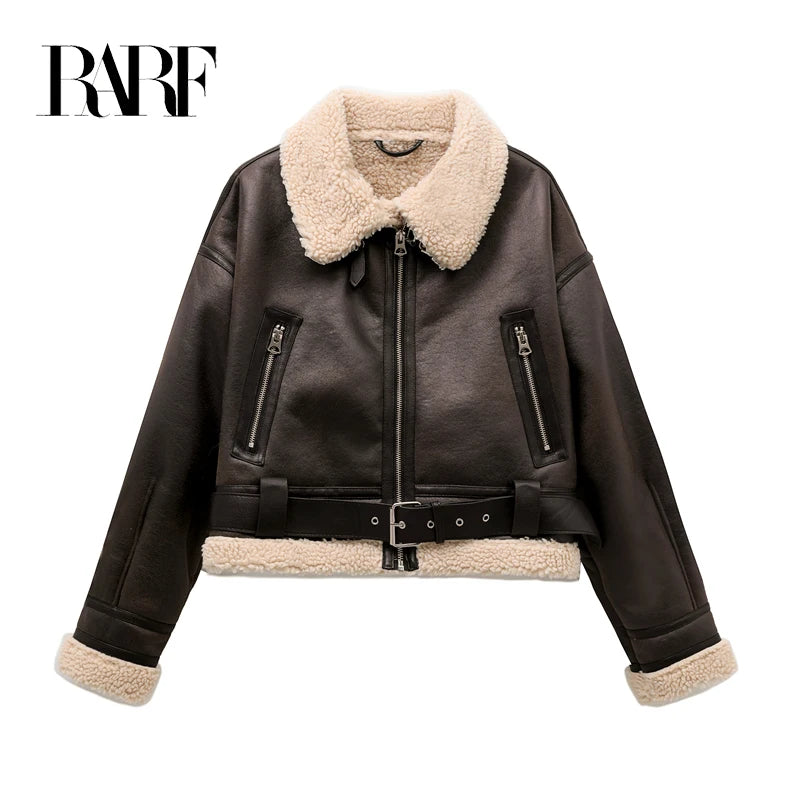 Loom & Soul Veste imitation peau lainée – Manteau d'hiver chaud ceinturé de style vintage pour femme