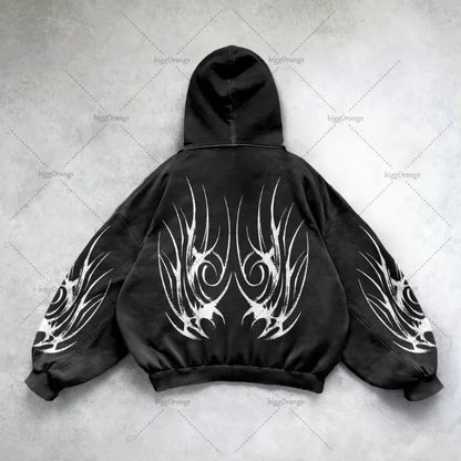 Gothic Punk Oversized Zip Hoodie – Y2K Harajuku Streetwear Sweatshirt for Men