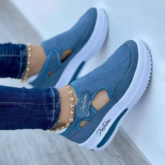 KTCZ™ Mesh Air Wedge Sneakers – Women’s Breathable Canvas Platform Shoes | Red & Blue Designer Tennis Shoes with Hook & Loop Closure