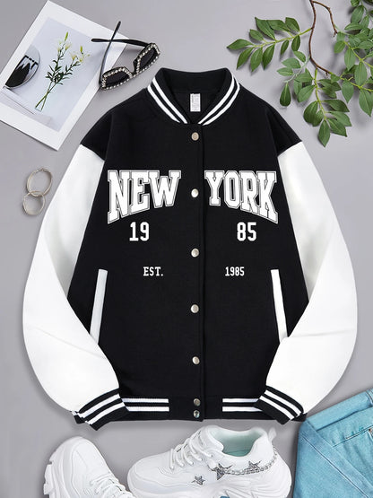 Loom & Soul « New York 1985 » Veste de baseball pour femme – Manteau streetwear hip-hop