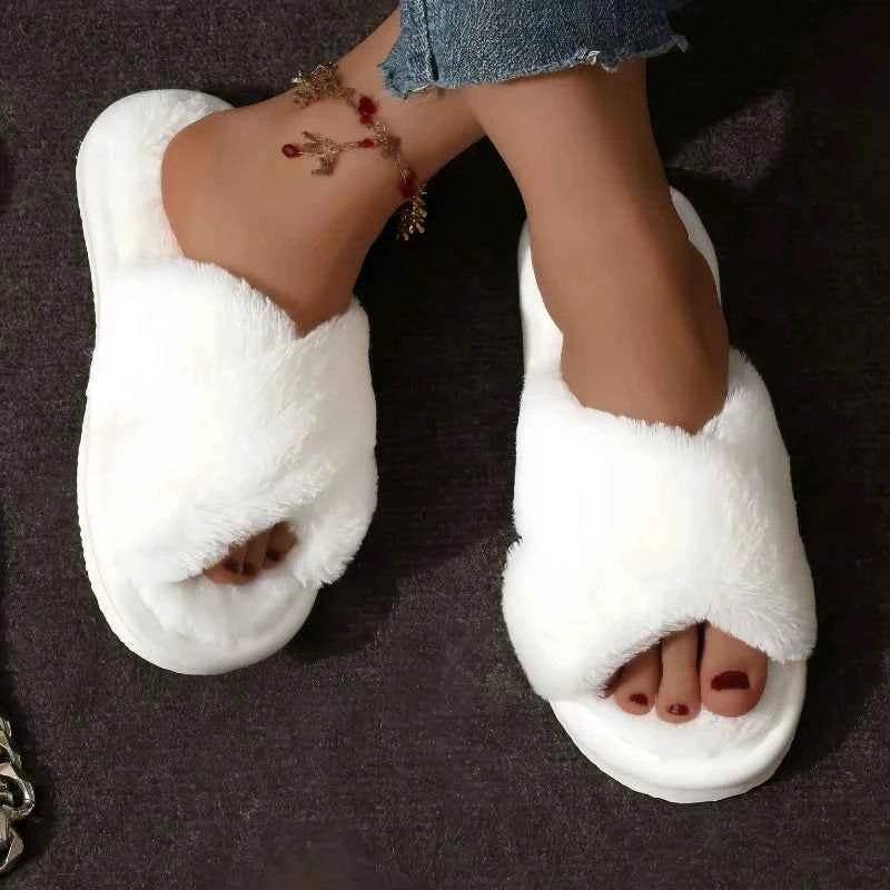 Cross Strap Faux Fur Slippers – Cozy Plush Home Comfort